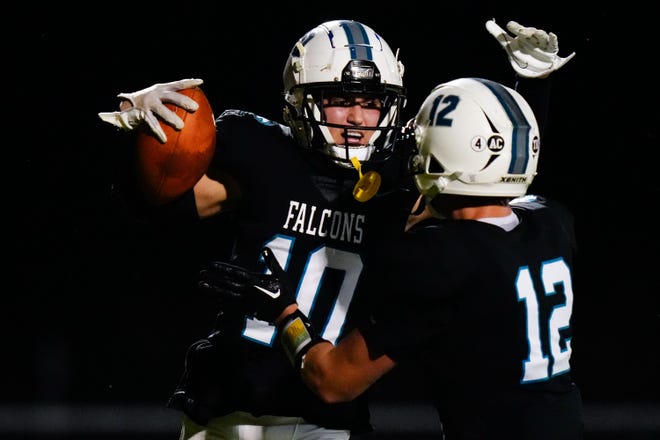 Jensen Beach wide receiver Nick Venezia (10) celebrates his touchdown against Port St. Lucie in a Region 3-3S quarterfinal high school football game, Friday, Nov. 11, 2022, at Jensen Beach High School. Jensen Beach won 51-12.