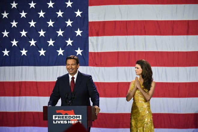 Florida Gov. Ron DeSantis, with his wife, Casey, delivers his victory speech Tuesday night, Nov. 8, 2022 at the  Tampa Convention Center.