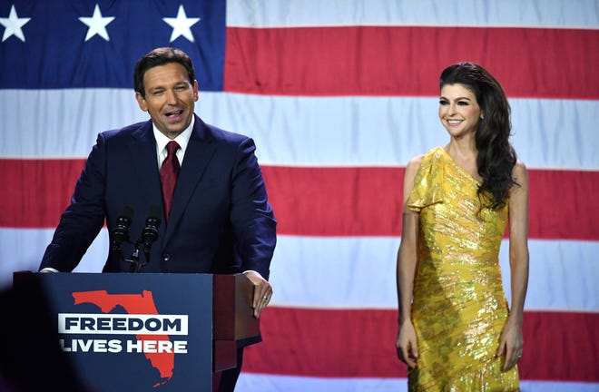 Florida Gov. Ron DeSantis, with his wife, Casey, delivers his victory speech Tuesday night, Nov. 8, 2022 at the  Tampa Convention Center.