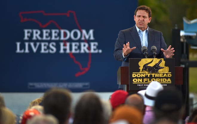 Florida Gov. Ron DeSantis held a rally Friday on the grounds of the American Muscle Car Museum on Sarno Road in Melbourne, as part of his “Don’t Tread on Florida” reelection campaign.