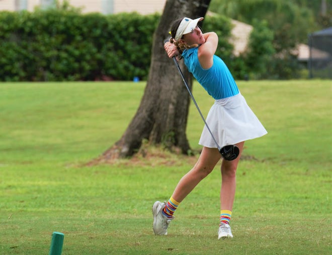 Jensen Beach's Hannah Erwig hits her tee shot on the 8th hole during the Treasure Lake Conference Championship on Monday, October 17, 2022 at Meadowood Golf and Tennis Club in Fort Pierce.