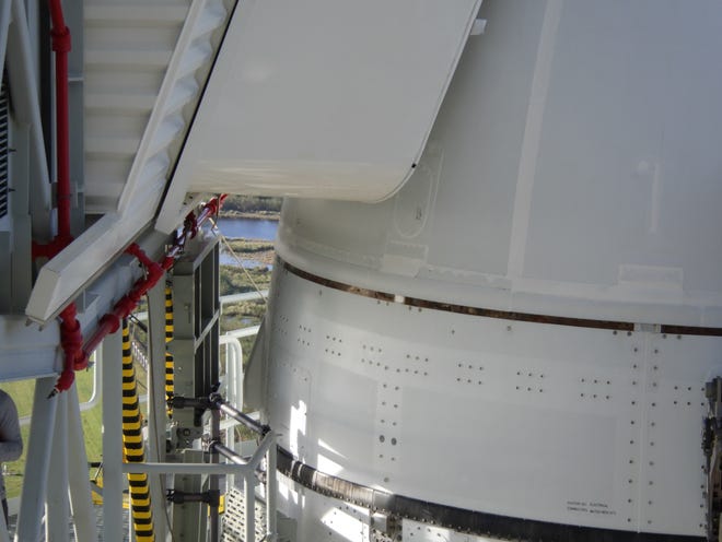 The Lockheed Martin-built Orion spacecraft's room-temperature vulcanization material, used to seal gaps and improve aerodynamics, is seen stripped away by Hurricane Nicole.