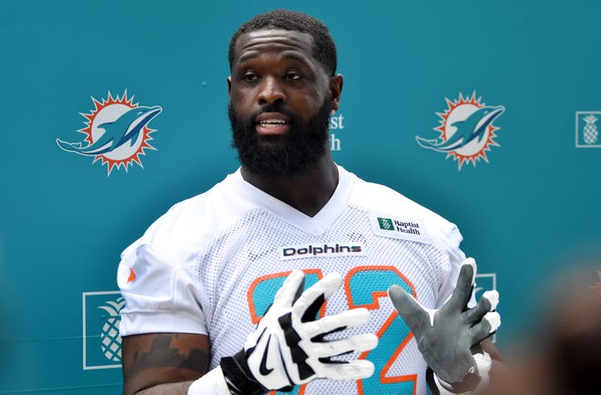 Miami Dolphins offensive tackle Terron Armstead (72) answers questions from the media during training camp at Baptist Health Training Complex, Wednesday, July 27, 2022 in Miami Gardens.