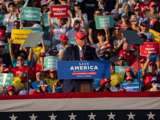 Rally goers, 45th President Donald Trump and Marco Rubio are seen at the Save America Rally at the Miami Dade County Fair and Expo in Miami on Sunday November 6, 2022.