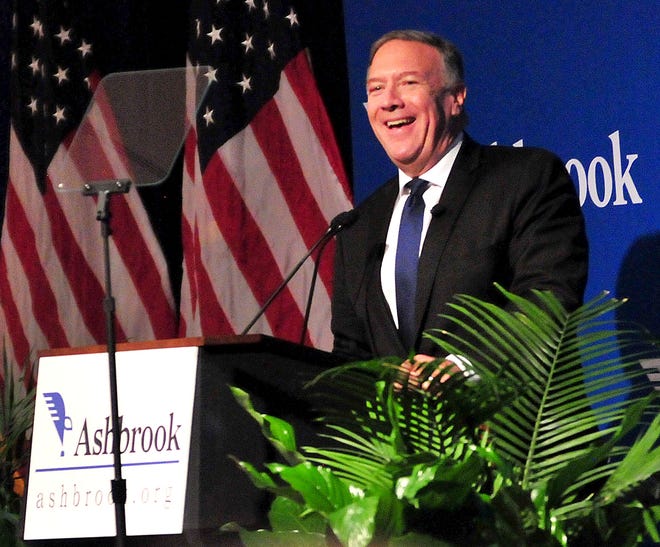 Mike Pompeo was the honored guest at the 35th John M. Ashbrook Memorial Dinner Friday, Oct. 28, 2022 at the John C. Myers Convocation Center. Pompeo served as the 70th United States Secretary of State from 2018-2021 and the director of the Central Intelligence Agency from 2017-2018 under President Donald Trump. Liz A. Hosfeld/for Ashland Times-Gazette