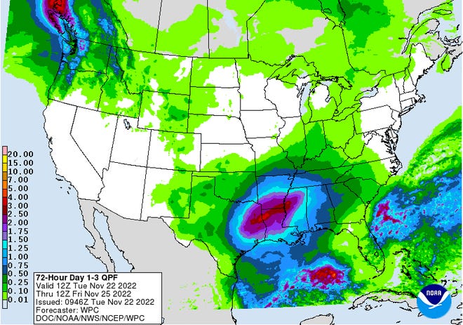 Rain forecast for Nov. 22 through Nov. 25, 2022.