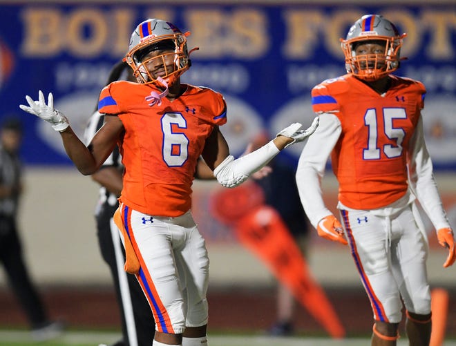 Bolles Bulldogs' Kaleb Lampkins (6) reacts after his touchdown pass reception during late first quarter action. The Buchholz Bobcats traveled from Gainesville to play The Bolles School Bulldogs at Skinner-Barco Stadium in Jacksonville, FL Friday November 4, 2022.