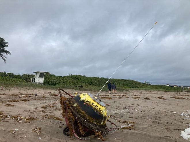 A wave monitoring buoy was found washed on shore at Stuart Beach shortly before 7:30 a.m. Thursday after Hurricane Nicole moved pass the Treasure Coast making landfall in Vero Beach around 3:30 a.m. Nov. 10, 2022.