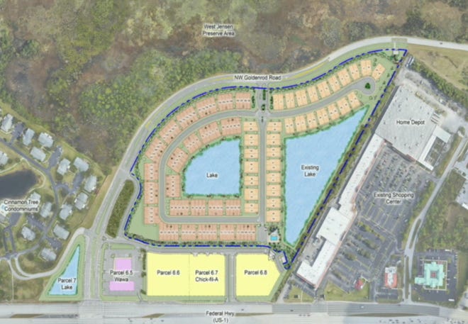 Site plans show a residential community slated for 105 two-story townhomes and 64 duplex units on Northwest Goldenrod Road off U.S.1 in Jensen Beach. The project was unanimously approved by the Martin County Commission on Nov. 22, 2022.