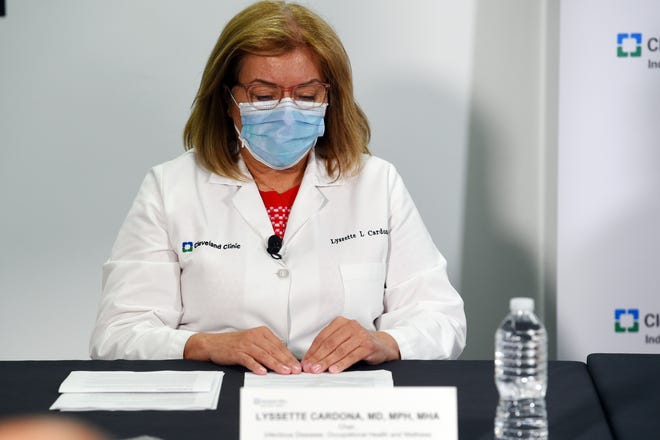 Lyssette Cardona, a doctor of infectious diseases, gives a status update on Cleveland Clinic Florida properties during a briefing Friday, Aug. 20, 2021.