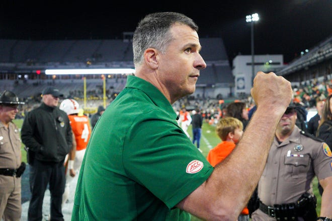 Nov 12, 2022; Atlanta, Georgia, USA; Miami Hurricanes head coach Mario Cristobal celebrates after a victory against the Georgia Tech Yellow Jackets at Bobby Dodd Stadium. Mandatory Credit: Brett Davis-USA TODAY Sports