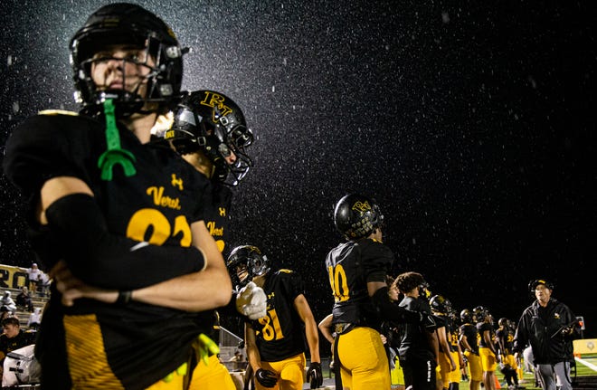 Rain falls on the Bishop Verot High School football sidelines on Friday, Sept. 16, 2022.
