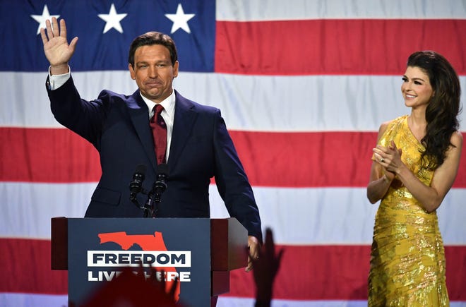 Florida Gov. Ron DeSantis, with his wife, Casey, delivers his victory speech Tuesday night, Nov. 8, 20220 at the  Tampa Convention Center.