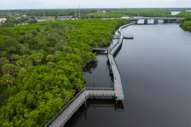 The Riverwalk Boardwalk in Port St. Lucie, along the St. Lucie River's North Fork, can be seen in this aerial photo from 2021.