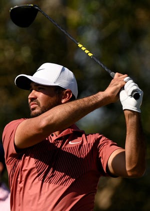 Jason Day tees off on the ninth hole during the final round of the PGA QBE Shootout Golf tournament at the Tiburon Golf Club, Sunday, Dec. 11, 2022 in Naples.