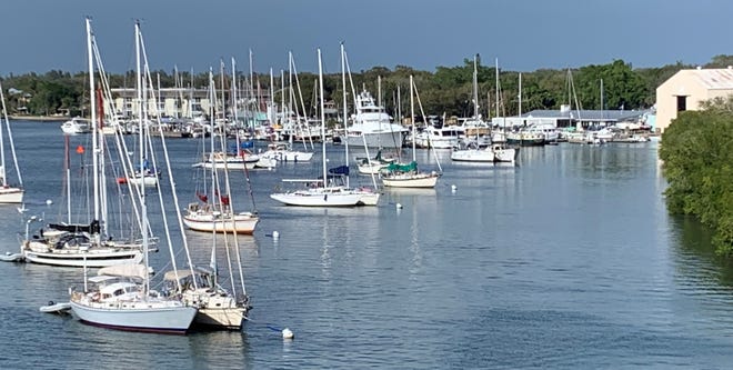 A busy Vero Beach Municipal Marina mooring area is seen from the Merrill Barber Bridge in this Feb. 16, 2022, file photo.