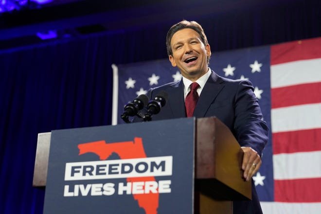 Incumbent Florida Republican Gov. Ron DeSantis speaks to supporters at an election night party after winning his race for reelection in Tampa, Fla., Tuesday, Nov. 8, 2022. (AP Photo/Rebecca Blackwell)