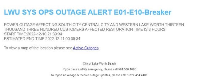 A power outage in Lake Worth Beach knocked out 13,300 customers on Saturday, Dec. 10. A raccoon was the reason for the outage.