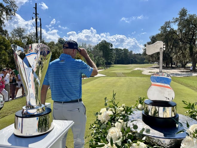 Jim Furyk, who co-hosts the PGA Tour Champions Furyk & Friends with his wife Tabitha, tips his hat to fans at the Timuquana Country Club upon his introduction to start the finalr ound on Oct. 9. The tournament announced this week that more than $1.3 million in charity was raised from this year's event.
