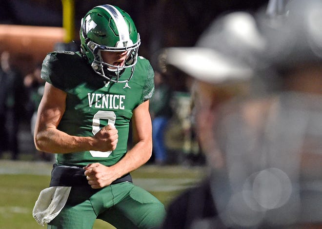 Venice's quarterback Brooks Bentley celebrates a touchdown late in the fourth quarter against the Buchholz Bobcats during the Class 4 Suburban state semifinal, Friday night, Dec. 2, 2022, at the Powell-Davis Stadium in Venice, Florida.