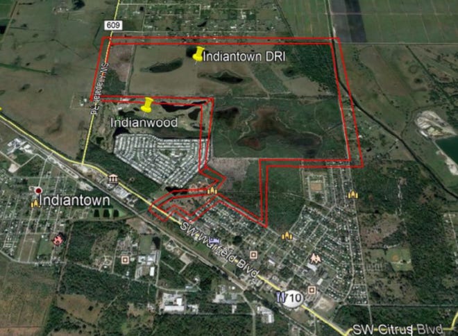 A Google Earth screenshot shows the proposed 800-acre Terra Lago development outlined in red. If approved, the residential and commercial project would take 10-15 years to complete.