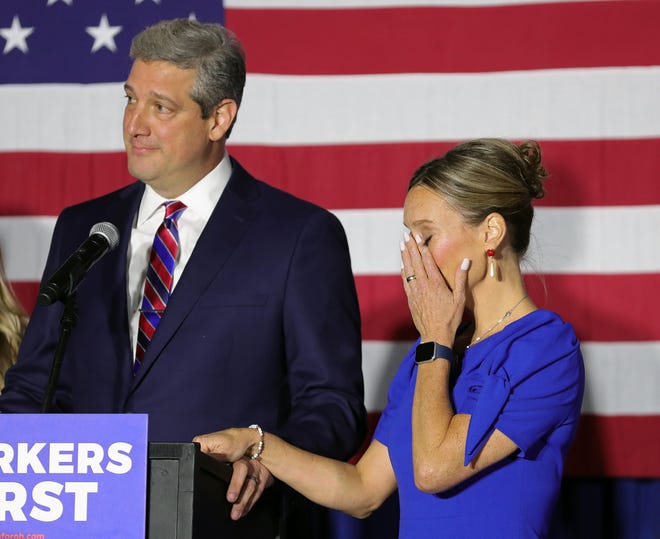 Andrea Ryan, wife of Democratic Senate candidate Tim Ryan, wipes away tears as her husband delivers his concession speech during an election night gathering at Mr. Anthony's Banquet Center, Tuesday, Nov. 8, 2022, in Boardman, Ohio.