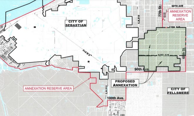 This map, contained in Sebastian public records in May 2022 proposing a voluntary annexation of 1,984 acres owned by Graves Brothers, shows the proposed annexation area, right in green. The red line denotes areas Sebastian could some day annex into the city.