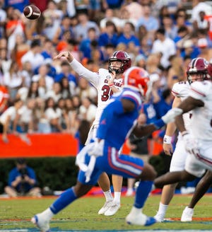 South Carolina punter Kai Kroeger throws a pass off a fake punt for a touchdown on Nov. 12 against the Florida Gators. Kroeger is 5 of 5 for 150 yards in his college career in passes off fake kicks.