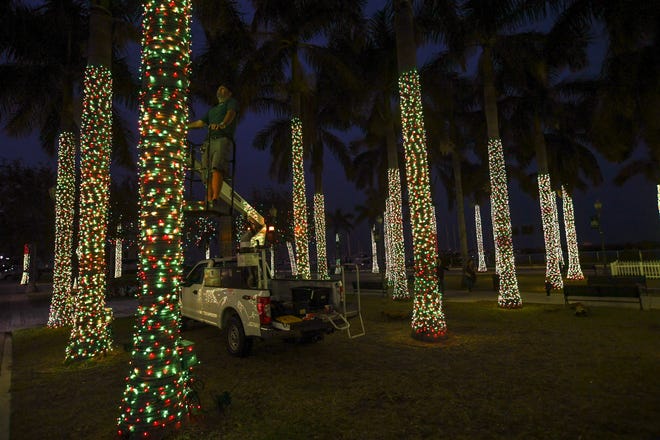 Chris Martin, of Lighting by Design, of West Palm Beach, adds LED lighting to a palm tree at Marina Square as part of the Holiday Light Spectacular, on Tuesday, Dec. 13, 2022, in downtown Fort Pierce. The holiday light show, presented by the City of Fort Pierce, features thousands of LED lights placed on palm trees in the park that are synchronized to holiday music from 6 PM to 9 PM though the month of December, into New Year's Day.