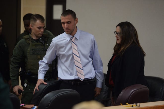 Juvenile killer Tyler Hadley appears before St. Lucie County Judge Gary Sweet for the first day of a resentencing hearing on Monday, Oct. 1, 2018 at the St. Lucie County Courthouse in Fort Pierce. Hadley, 24, was convicted four years ago in the July 16, 2011, beating deaths of his parents, mother Mary Jo, 47, and father Blake Hadley, 54.