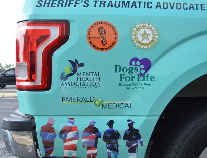 Silhouettes of military veterans and law enforcement officers are used on the IRCSO community affairs PTSD awareness patrol truck just below the four sponsors, which also serve as resources for those struggling with PTSD symptoms and include: Mental Health Association in Indian River County, Next Generation Veterans of Indian River County, American Gold Star Mothers of Indian River County, Dogs For Life and Emerald Medical.