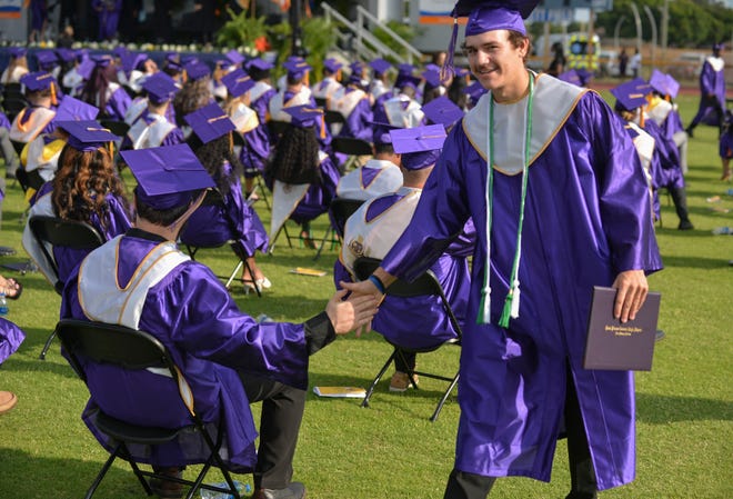 The class of 2022 at Fort Pierce Central High School celebrates graduating during their commencement ceremony on Wednesday, May 25, 2022, at Lawnwood Stadium in Fort Pierce. â€œSeventy three students earned their associates degree, 417 students are graduating with honors, 399 are graduating with industry certifications, 10 are signed into armed forces,â€ said PFC Principal Monarae Miller-Buchanan. â€œFort Pierce Central Class of 2022, congratulations, you are extraordinary.â€