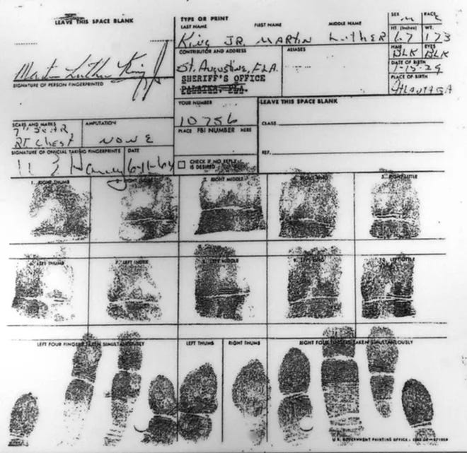 The Rev. Dr. Martin Luther King's fingerprint card from his arrest on June 11, 1964.