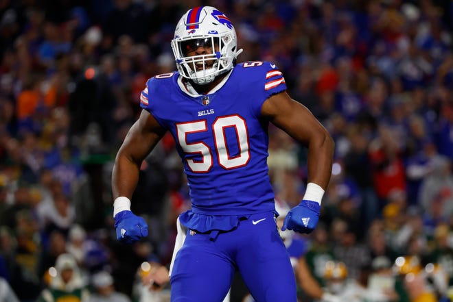 Buffalo Bills defensive end Greg Rousseau (50) reacts to a play during the first half of an NFL football game against the Green Bay Packers Sunday, Oct. 30, 2022, in Orchard Park. (AP Photo/Jeffrey T. Barnes)
