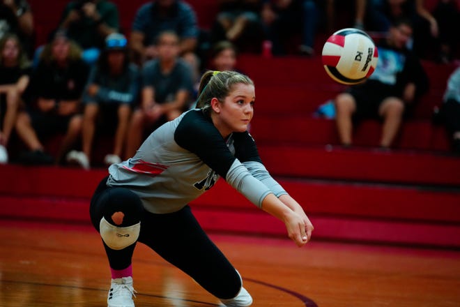South Fork’s Marley Navaretta (16) passes the ball against  Fort Pierce Central in a high school volleyball match on Wednesday, Aug. 24, 2022 at South Fork High School in Martin County. Fort Pierce Central won in 5 sets.