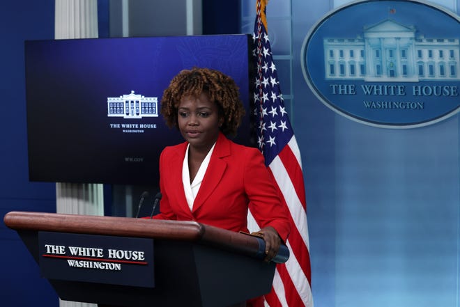 White House Press Secretary Karine Jean-Pierre speaks during a White House daily news briefing at the James S. Brady Press Briefing Room of the White House on January 20, 2023 in Washington, DC.