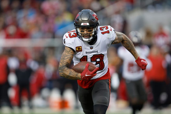 Tampa Bay Buccaneers wide receiver Mike Evans (13) during an NFL football game against the San Francisco 49ers in Santa Clara, Calif., Sunday, Dec. 11, 2022. (AP Photo/Jed Jacobsohn)