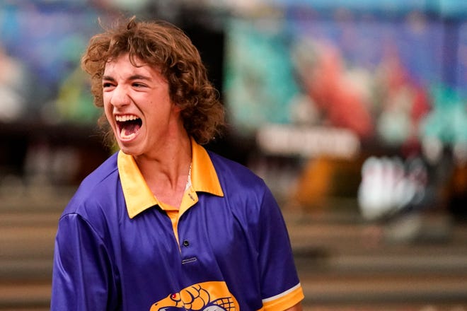 Fort Pierce Central’s Charlie Passanante celebrates a strike during the District 12 boys championship on Tuesday, Oct. 25, 2022, at Jensen Beach Bowl in Jensen Beach.