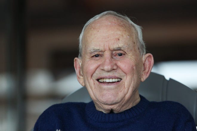 Floyd York, 99, sits in the Florida room of his Cache Cay home for a portrait nearly a week before his 100th birthday on Tuesday, Jan. 10, 2023. “I’m very grateful that I’ve had a fairly healthy life,” York said. “I don’t consider myself lucky. My guardian angels have kept an eye on me because I’ve had at least 14 occasions when I should have been dead.”