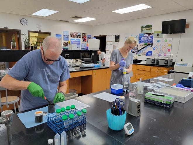 ORCA scientists work with muck samples collected from the Indian River Lagoon.