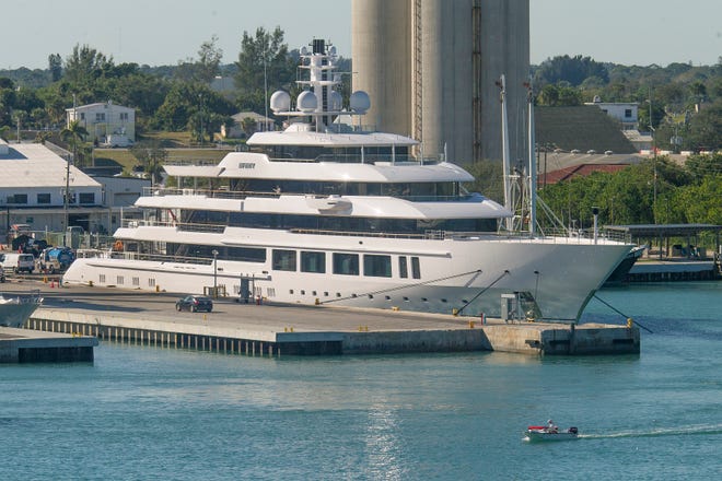 A new arrival at the Derecktor Fort Pierce shipyard, the 117-meter megayacht Infinity is seen from atop the south causeway bridge Tuesday, Jan. 10, 2023, at the Port of Fort Pierce. The $300 million luxury megayacht by Oceanco in the Netherlands, owned by Eric Smidt, the owner of Harbor Freight, is being serviced at Derecktor.