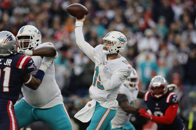 Miami Dolphins quarterback Skylar Thompson (19) during the second half of an NFL football game, Sunday, Jan. 1, 2023, in Foxborough, Mass. (AP Photo/Michael Dwyer)