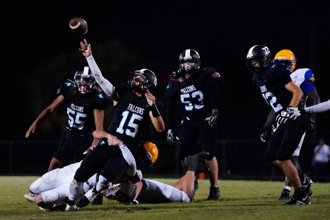 Jensen Beach’s quarterback Gio Cascione (15) throws the ball against Martin County in a high school football game on Thursday, Nov. 3, 2022, at Jensen Beach High School.
