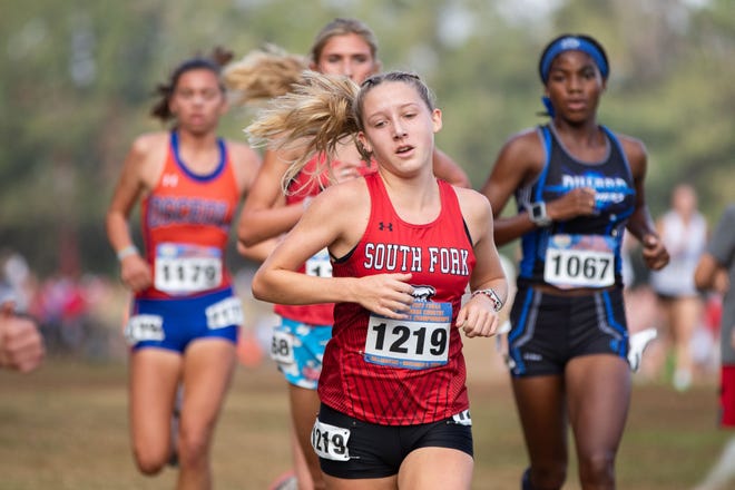 South Fork junior Addison Boyer competes in the cross country state championships at Apalachee Regional Park on Saturday, Nov. 5, 2022. Boyer took eighth place in the girls 3A race.