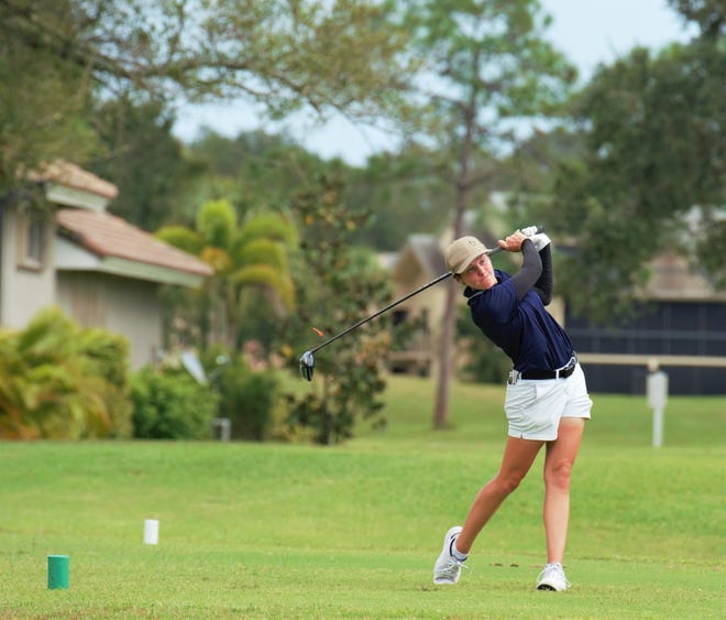 Pine School's Brianna Castaldi hits her tee shot off the 13th tee during the Treasure Lake Conference Championship on Monday, October 17, 2022 at Meadowood Golf and Tennis Club in Fort Pierce. Castaldi was the lone player to shoot under par with a 1-under 71 to earn medalist honors.