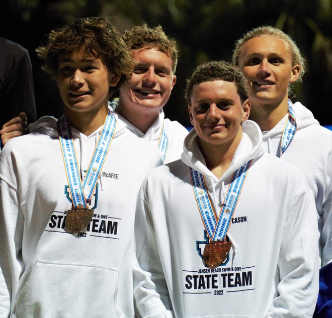 Jensen Beach's 200 freestyle relay team of Ayden Cason, Alden Thompson, Nicholas McAfee and Kaleb Cason won the bronze medal at the 2022 Florida High School Athletic Association Class 2A Swimming and Diving State Championships on Saturday, Nov. 19, 2022, at Sailfish Splash Waterpark in Stuart.