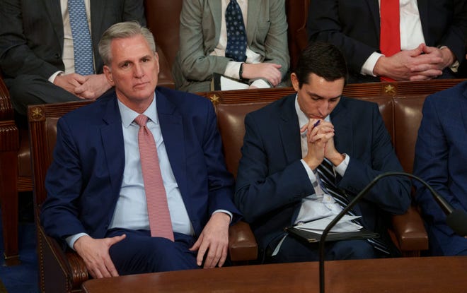As of Tuesday afternoon and two rounds of votes, Rep. Kevin McCarthy (R-Calif.), left, could not secure the necessary votes to make him U.S. House speaker.