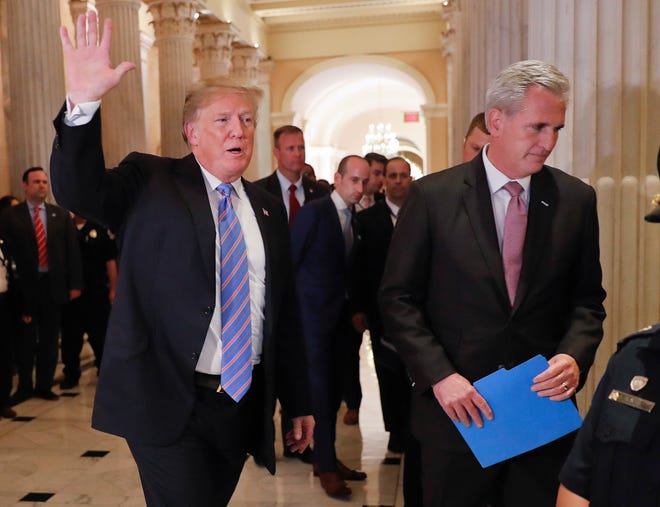 Former President Donald Trump actively sought to unite the House Republican caucus party behind California Congressman Kevin McCarthy, right, during the speakership vote. The two are seen here at the U.S. Capitol in 2018.