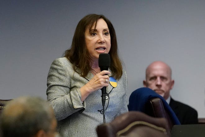 Florida Sen. Lori Berman speaks during a legislative session at the Florida State Capitol, Monday, March 7, 2022, in Tallahassee, Fla. Berman has said she'll introduce a measure in 2023 to protect student athletes' medical privacy.
