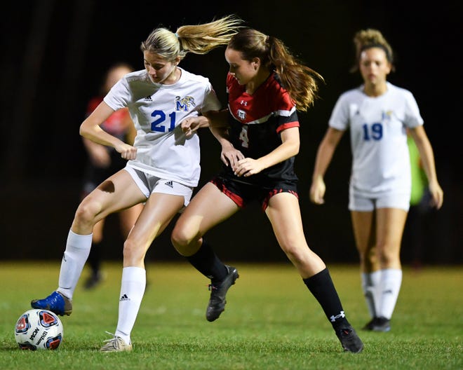 Martin County's Madeleine Foster (21) and South Fork's Makena Meyer (4) battle for possession in a girls high school soccer game Thursday, Jan. 20. 2022, at South Fork High School in Martin County. Martin County won 3-1.